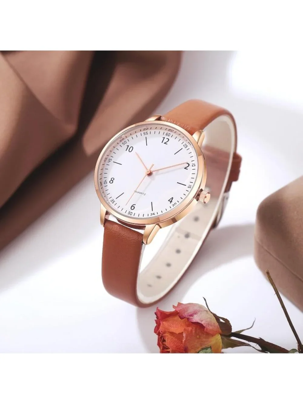 Women's Brown Analog Case Quartz Fashion Leather Mesh Strap Round Wrist Watch
